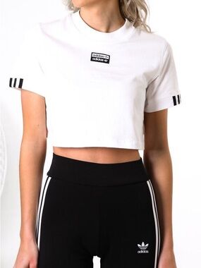 adidas White Cropped Logo Tee with Black Stripe Accents